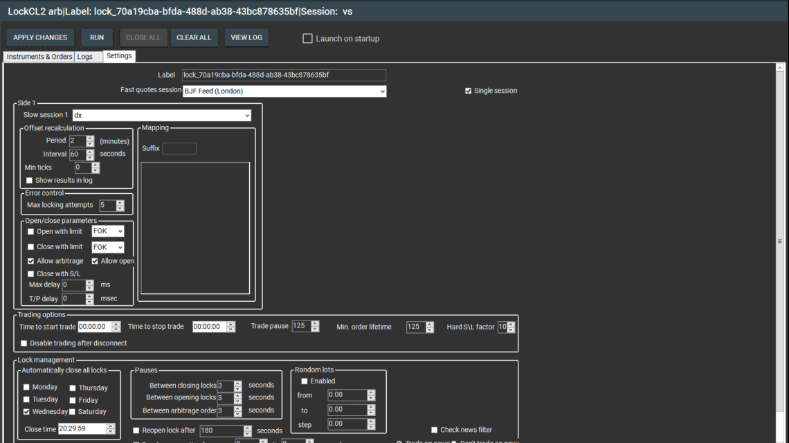 LockCL2 latency arbitrage strategy "Settings" tab with preset parameters for prop firms