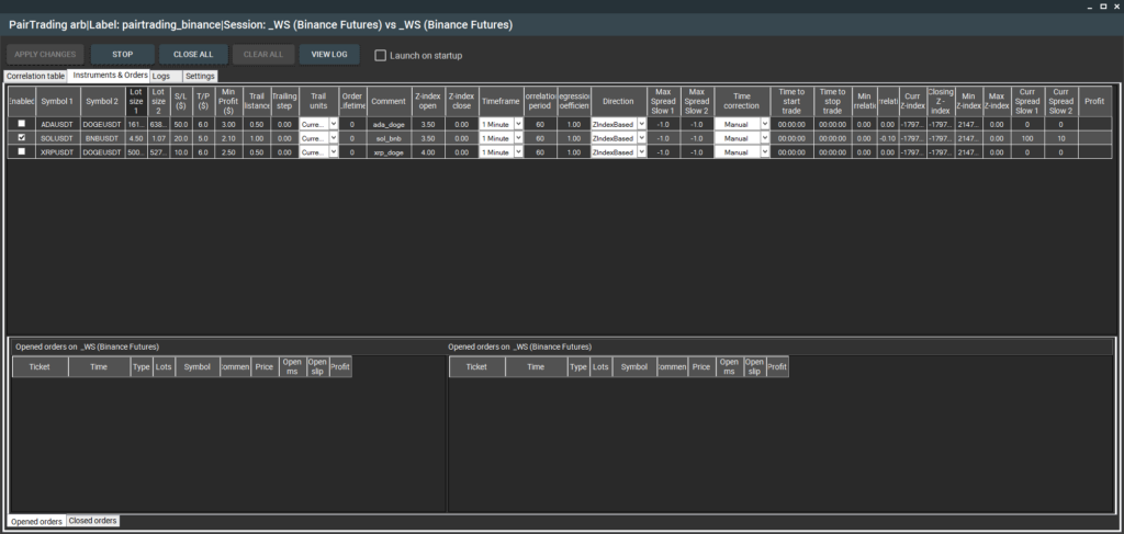 SharpTrader Pairs Trading Strategy "Instruments and Orders" tab