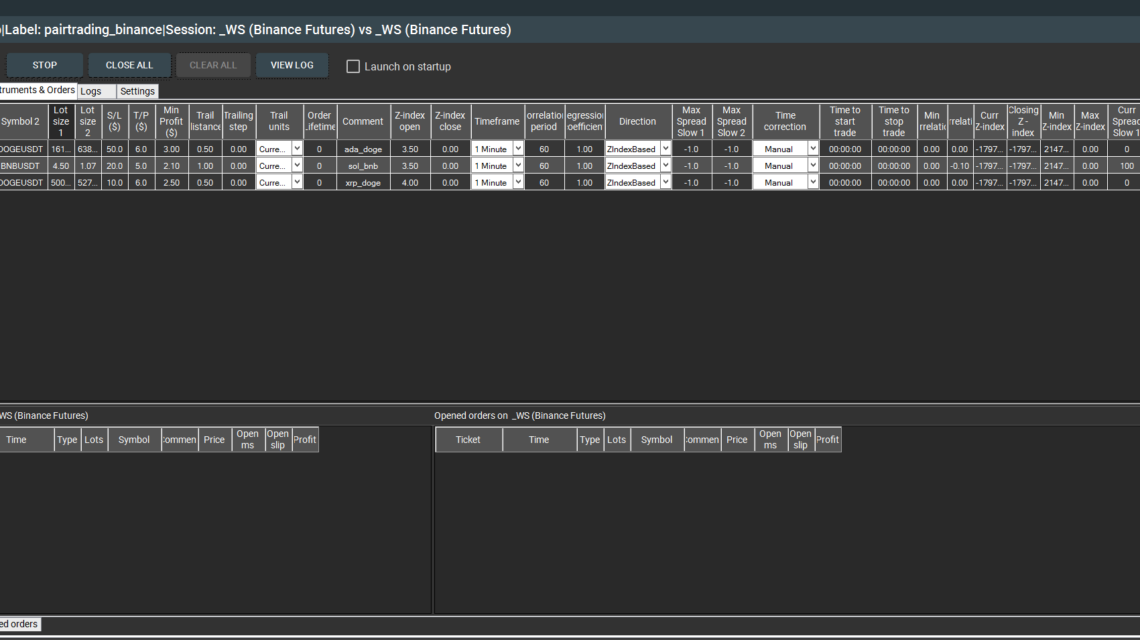 SharpTrader Pairs Trading Strategy "Instruments and Orders" tab