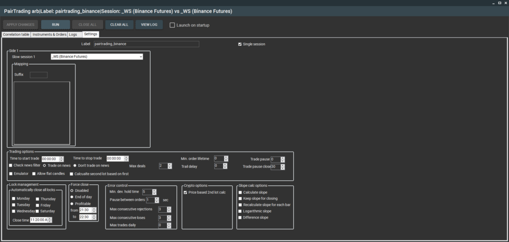 SharpTrader Pairs Trading Strategy Settings tab