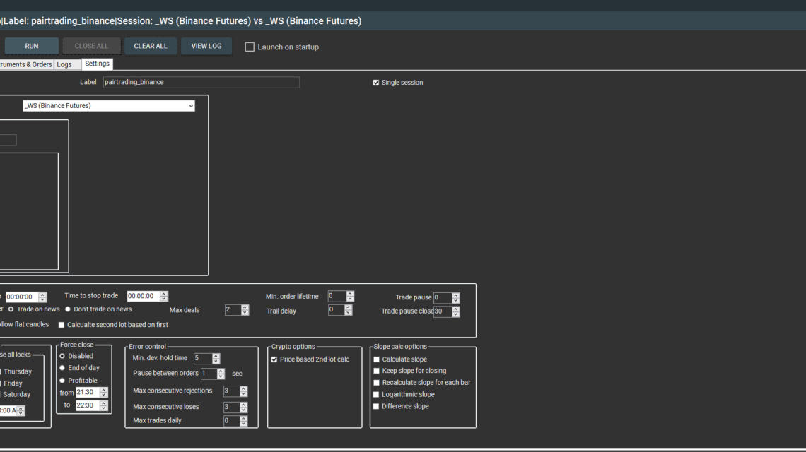 SharpTrader Pairs Trading Strategy Settings tab