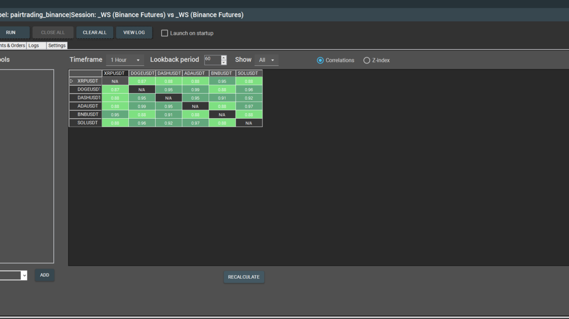 SharpTrader Pairs Trading strategy correlation tab