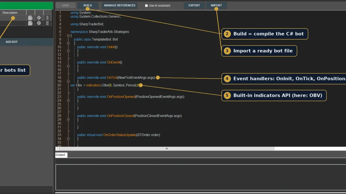 SharpTrader bot editor: C# bot template with OnInit and OnTick handlers, indicators API, Build and Import buttons