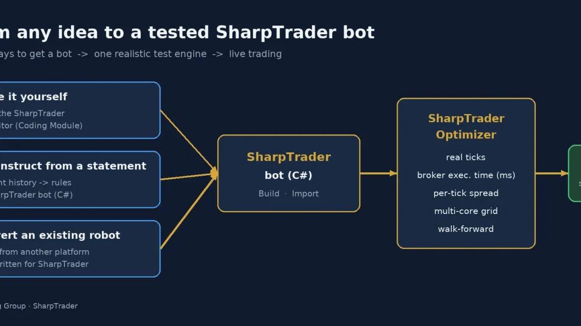 Workflow: write, reconstruct or convert a bot, then test it in SharpTrader Optimizer before live trading
